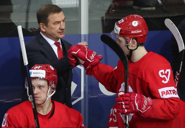 RIGA, LATVIA - JUNE 3, 2021: Russia s head coach Valery Bragin (L back) at 2021 IIHF World Championship, WM, Weltmeisterschaft quarterfinal Ice hockey, Eishockey match against Canada at the Olympic Sports Center. Due to CAS sanctions, the Russian team performs under the name and flag of the Russian Olympic Committee (ROC). Natalia Fedosenko TASS  TS103376