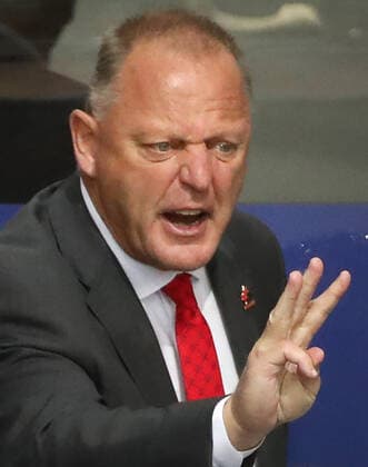 RIGA, LATVIA - JUNE 3, 2021: Canada s head coach Gerard Gallant at 2021 IIHF World Championship, WM, Weltmeisterschaft quarterfinal Ice hockey, Eishockey match against Russia at the Olympic Sports Center. Due to CAS sanctions, the Russian team performs under the name and flag of the Russian Olympic Committee (ROC). Natalia Fedosenko TASS  TS103386
