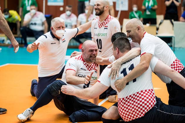 WORLD ParaVolley Men’s Final Qualifier Tokyo 2020 Paralympic Games: Kanada - Kroatien; 04.06.2021 Jubel bei den kroatischen Herren nach dem Sieg ueber Kanada in einem engen fuenften Satz WORLD ParaVolley Men’s Final Qualifier Tokyo 2020 Paralympic Games: Kanada - Kroatien; Duisburg Sportschule Wedau Copyright: xBEAUTIFULxSPORTS Wunderlx