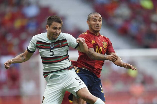 Mandatory Credit: Photo by Bagu Blanco Pressinphoto Shutterstock (12016767aq) Raphael Guerreiro of Portugal and Thiago Alcantara of Spain Spain v Portugal, national teams friendly match. Football, Wanda Metropolitano Stadium, Madrid, Spain - 4 Jun 2021 EDITORIAL USE ONLY No use with unauthorised audio, video, data, fixture lists (outside the EU), club league logos or live services. Online in-match use limited to 45 images (+15 in extra time). No use to emulate moving images. No use in betting, games or single club league player publications services. Spain v Portugal, national teams friendly match. Football, Wanda Metropolitano Stadium, Madrid, Spain - 4 Jun 2021 EDITORIAL USE ONLY No use with unauthorised audio, video, data, fixture lists (outside the EU), club league logos or live services. Online in-match use limited to 45 images (+15 in extra time). No use to emulate moving images. No use in betting, games or  Copyright: xBaguxBlanco Pressinphoto Shutterstockx 12016767aq