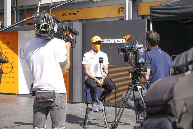 NORRIS Lando (gbr), McLaren MCL35M, portrait, interview with Canal+ during the Formula 1 Azerbaijan Grand Prix 2021 from June 04 to 06, 2021 on the Baku City Circuit, in Baku, Azerbaijan - FORMULE 1 : Grand Prix d Azerbaidjan - Bakou - 04 06 2021 DPPI Panoramic  00121011_F12021GP06AZE_JK102371