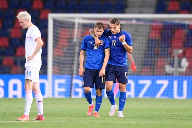 Photo LaPresse - Fabio Ferrari June 04, 2021 Bologna, Italy soccer Italy vs Czech Republic - Friendly match - ˜Dall Ara Stadium of Bologna. In the pic:NicolÃ² Barella (Italy) celebrates after gol 2-0 with Ciro Immobile (Italy)  Copyright: xFabioxFerrari LaPresex