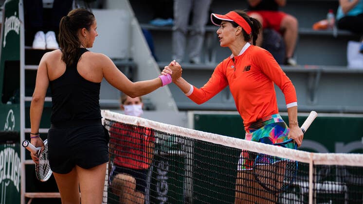June 4, 2021, PARIS, FRANCE: Sorana Cirstea of Romania & Daria Kasatkina of Russia at the net after the third round of the 2021 Roland Garros Grand Slam Tournament PARIS FRANCE - ZUMAa181 20210604_zaa_a181_205 Copyright: xRobxPrangex