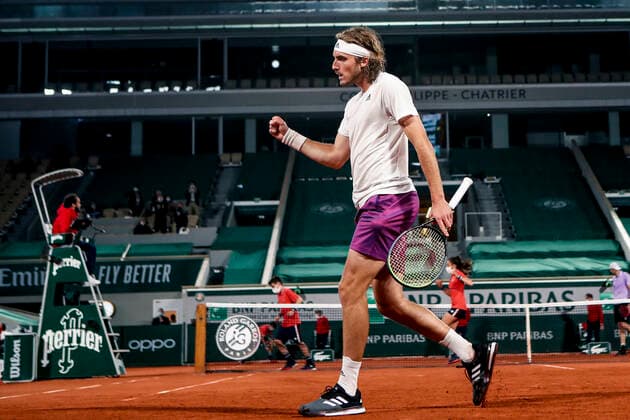 TENNIS - French Open 2021 PARIS,FRANCE,04.June.21 - TENNIS - ATP, Tennis Herren World Tour, French Open, Roland Garros, Grand Slam. Image shows the rejoicing of Stefanos Tsitsipas (GRE).  GEPAxpictures xPatrickxSteiner