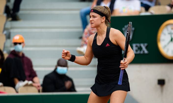 Mandatory Credit: Photo by Rob Prange Shutterstock (12019120r) Karolina Muchova of the Czech Republic in action during the third round at the 2021 Roland Garros Grand Slam Tournament French Open Tennis, Day Seven, Roland Garros, Paris, France - 05 Jun 2021 French Open Tennis, Day Seven, Roland Garros, Paris, France - 05 Jun 2021  Copyright: xRobxPrange Shutterstockx 12019120r