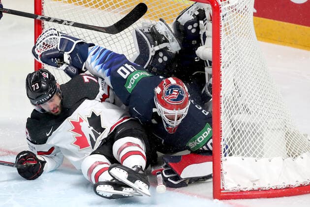 RIGA, LATVIA - JUNE 5, 2021: Brandon Pirri (L) of Canada and goalie Calvin Cal Petersen are in action in their 2021 IIHF World Championship, WM, Weltmeisterschaft semifinal match at Arena Riga. Natalia Fedosenko TASS  TS103BA9