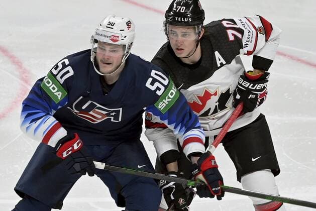 Eric Robinson of USA and Troy Stecher of Canada during semi-final match USA vs. Canada at the 2021 IIHF Ice hockey, Eishockey World Championships in Riga, Latvia on Saturday, May 5, 2021. Riika, Riga Latvia LKFTJK20210605141547BBDU  Copyright: xJussixNukarix