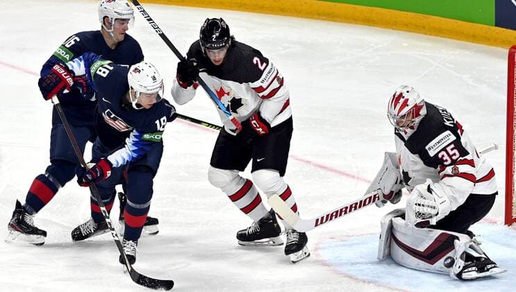 Goalkeeper Darcyn Kuemper and Braden Schneider of Canada and Ryan Donato (16) and Jack Drury (18) of USA during semi-final match USA vs. Canada at the 2021 IIHF Ice hockey, Eishockey World Championships in Riga, Latvia on Saturday, May 5, 2021. Riika, Riga Latvia LKFTJK20210605142715PAIP  Copyright: xJussixNukarix