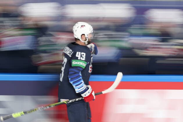 RIGA, LATVIA - JUNE 5, 2021: Colin Blackwell of the USA celebrates scoring in a 2021 IIHF World Championship, WM, Weltmeisterschaft semifinal match against Canada at Arena Riga. Natalia Fedosenko TASS  TS103BEC