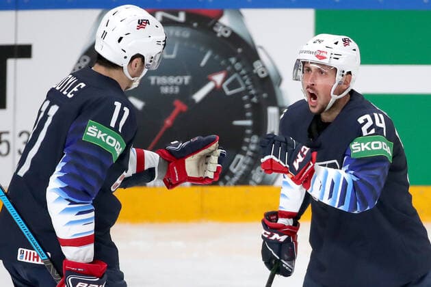 RIGA, LATVIA - JUNE 5, 2021: Brian Boyle (L) of the USA and Alexander Chmelevski of the USA celebrate scoring in a 2021 IIHF World Championship, WM, Weltmeisterschaft semifinal match against Canada at Arena Riga. Natalia Fedosenko TASS  TS103C4C