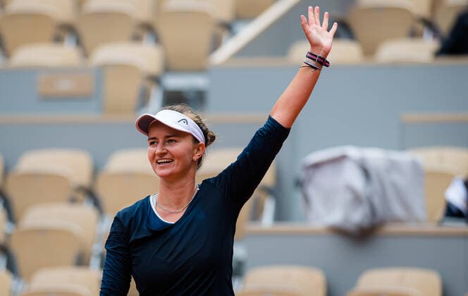 June 5, 2021, PARIS, FRANCE: Barbora Krejcikova of the Czech Republic reacts to winning the third round at the 2021 Roland Garros Grand Slam Tournament against Elina Svitolina of the Ukraine PARIS FRANCE - ZUMAa181 20210605_zaa_a181_072 Copyright: xRobxPrangex