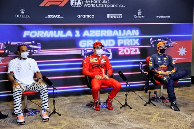 F1 Grand Prix of Azerbaijan 44 Lewis Hamilton (GBR, Mercedes-AMG Petronas F1 Team), 16 Charles Leclerc (MON, Scuderia Ferrari Mission Winnow), 33 Max Verstappen (NED, Red Bull Racing), F1 Grand Prix of Azerbaijan at Baku City Circuit on June 5, 2021 in Baku, Azerbaijan. (Photo by xpbimages.com XPB Images FIA Pool via HOCH ZWEI) Baku Azerbaijan Poolfoto HOCH ZWEI Pool XPB Images ,EDITORIAL USE ONLY