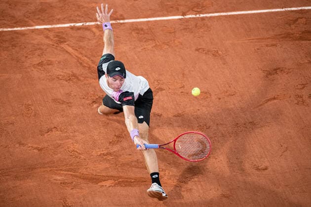 (210606) -- PARIS, June 6, 2021 -- Dominik Koepfer of Germany returns the ball during the men s singles third round match between Roger Federer of Switzerland and Dominik Koepfer of Germany at the French Open tennis tournament at Roland Garros in Paris, France, June 5, 2021. (Photo by Xinhua) (SP)FRANCE-PARIS-TENNIS-ROLAND GARROS-FRENCH OPEN-MEN S SINGLES AurelienxMorissard 