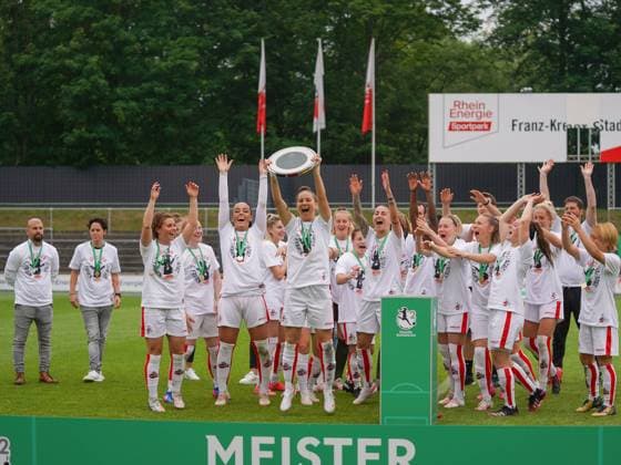 Cologne, Germany, June 6th 2021: 1. FC Koeln after winning the 2. Womens Bundesliga South trophy at the Franz-Kremer-Stadium in Cologne, Germany. 2. Womens Bundesliga South - 1. FC K?ln v SG 99 Andernach 