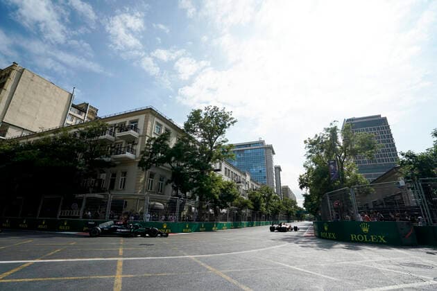 June 6, 2021, Baku, Azerbaijan: CHARLES LECLERC of Monaco and Scuderia Ferrari leads at the start of the 2021 FIA Formula 1 Azerbaijan Grand Prix at Baku City Circuit in Baku, Azerbaijan. Baku Azerbaijan - ZUMAg147 20210606_zap_g147_026 Copyright: xJamesxGasperottix