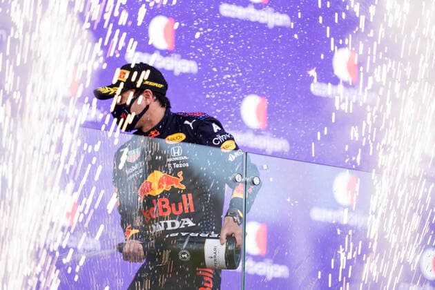 June 6, 2021, Baku, Azerbaijan: SERGIO PEREZ of Mexico and Red Bull Racing is seen on the podium after winning the 2021 FIA Formula 1 Azerbaijan Grand Prix at Baku City Circuit in Baku, Azerbaijan. Baku Azerbaijan - ZUMAg147 20210606_zap_g147_099 Copyright: xJamesxGasperottix