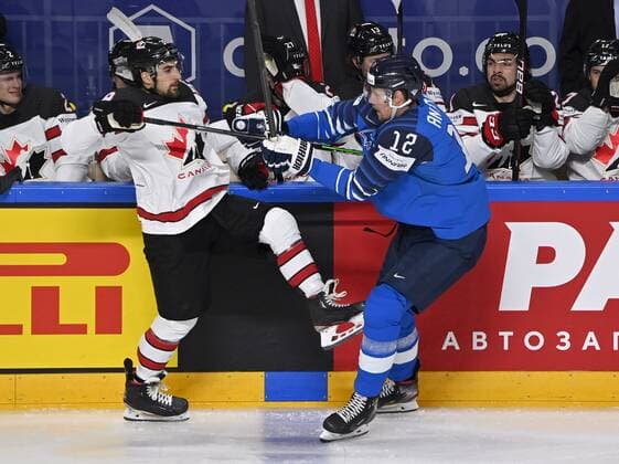 Mario Ferraro of Canada (left) and Marko Anttila of Finland in action during 2021 IIHF Ice hockey, Eishockey World Championships final Finland vs Canada in Riga, Latvia on Sunday, June 6, 2021. Riika, Riga Latvia LKFTJK20210606201937RFGI  Copyright: xJussixNukarix