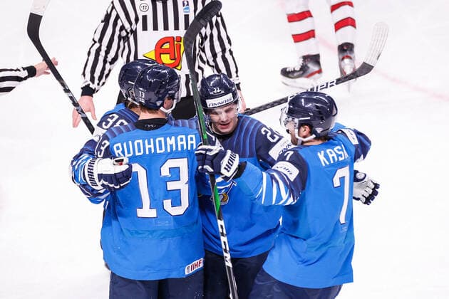 06.06.2021, Riga, Arena Riga, Final Finland - Canada (2021 IIHF Ice hockey, Eishockey World Championship, WM, Weltmeisterschaft , 13 Mikael Ruohomaa (Finland, sitting on the ice) celebrates his goal for the 1:0. From left: 38 Teemu Turunen (Finland), 13 Mikael Ruohomaa (Finland), 22 Arttu Ruotsalainen (Finland) and 7 Oliwer Kaski (Finland) Riga Riga Latvia Copyright: xJustPictures.ch JarixPestelaccix