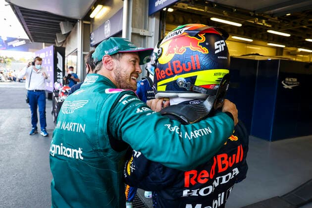 5 Sebastian Vettel (GER, Aston Martin Cognizant F1 Team), 11 Sergio Perez (MEX, Red Bull Racing), F1 Grand Prix of Azerbaijan at Baku City Circuit on June 6, 2021 in Baku, Azerbaijan. (Photo by HOCH ZWEI) Baku Azerbaijan