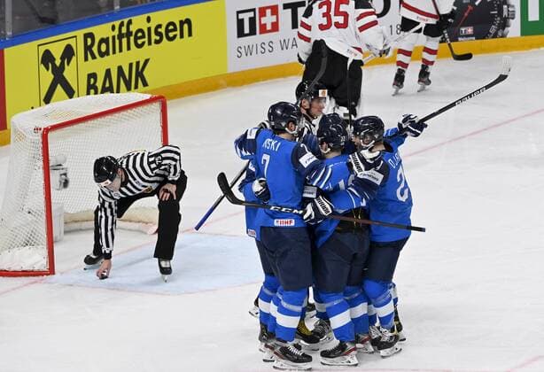 Finnish players celebrating 1-0 goal Mikael Ruohomaa during 2021 IIHF Ice hockey, Eishockey World Championships final Finland vs Canada in Riga, Latvia on Sunday, June 6, 2021. Riika, Riga Latvia LKFTJK20210606202812SHQE  Copyright: xJussixNukarix