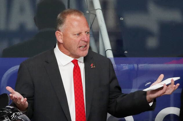 RIGA, LATVIA - JUNE 6, 2021: Gerard Gallant, head coach of the Canadian team, attends their 2021 IIHF World Championship, WM, Weltmeisterschaft Final Ice hockey, Eishockey match against Finland at Arena Riga. Natalia Fedosenko TASS  TS103E81