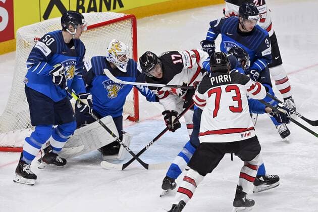 From left, Miika Koivisto of Finland (50), goalkeeper Jussi Olkinuora of Finland, Justin Danforth of Canada (17), Brandon Pirri (73) and Olli Määttä of Finland during 2021 IIHF Ice hockey, Eishockey World Championships final Finland vs Canada in Riga, Latvia on Sunday, June 6, 2021. Riika, Riga Latvia LKFTJK20210606210842VKKR  Copyright: xJussixNukarix