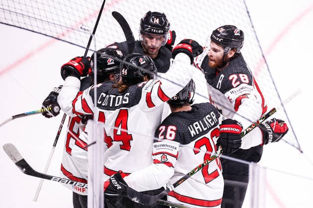 06.06.2021, Riga, Arena Riga, Final Finland - Canada (2021 IIHF Ice hockey, Eishockey World Championship, WM, Weltmeisterschaft , 44 Maxime Comtois (Canada) celebrates his goal for the 1:1 with 88 Andrew Mangiapane (Canada), 14 Adam Henrique (Canada), 26 Sean Walker (Canada) and 28 Connor Brown (Canada) Riga Riga Latvia Copyright: xJustPictures.ch JarixPestelaccix