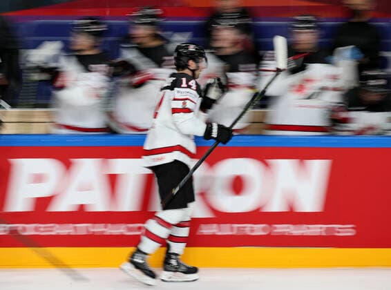 RIGA, LATVIA - JUNE 6, 2021: Canada s Adam Henrique celebrates scoring a goal against Finland in their 2021 IIHF World Championship, WM, Weltmeisterschaft Final Ice hockey, Eishockey match at Arena Riga. Natalia Fedosenko TASS  TS103E85
