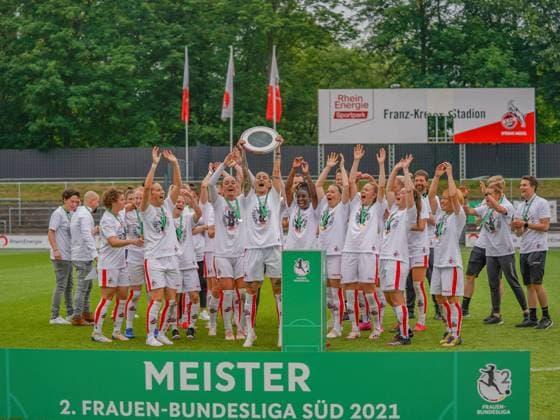 Cologne, Germany, June 6th 2021: Francesca Calo (2 1. FC Koeln) after winning the 2. Womens Bundesliga South titel at the Franz-Kremer-Stadium in Cologne, Germany. 2. Womens Bundesliga South - 1. FC K?ln v SG 99 Andernach 