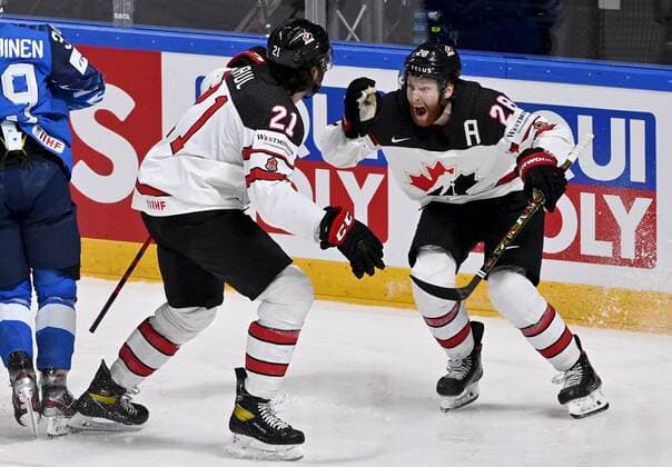 Canadian players Nick Paul (left) and Connor Brown celebrating after Brown scored game winning goal 3-2 at the 2021 IIHF Ice hockey, Eishockey World Championships final Finland vs Canada in Riga, Latvia on Sunday, June 6, 2021. Riika, Riga Latvia LKFTJK20210606225658BBMR  Copyright: xJussixNukarix