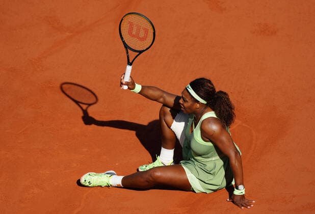 (210607) -- PARIS, June 7, 2021 -- Serena Williams of the United States falls on the ground during the women s singles fourth round match between Serena Williams of the United States and Elena Rybakina of Kazakhstan at the French Open tennis tournament at Roland Garros in Paris, France, June 6, 2021. ) (SP)FRANCE-PARIS-TENNIS-ROLAND GARROS-FRENCH OPEN-WOMEN S SINGLES GaoxJing 