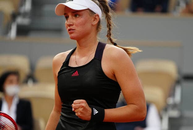 (210607) -- PARIS, June 7, 2021 -- Elena Rybakina of Kazakhstan reacts during the women s singles fourth round match between Serena Williams of the United States and Elena Rybakina of Kazakhstan at the French Open tennis tournament at Roland Garros in Paris, France, June 6, 2021. ) (SP)FRANCE-PARIS-TENNIS-ROLAND GARROS-FRENCH OPEN-WOMEN S SINGLES GaoxJing 