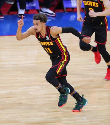 June 6, 2021, Philadelphia, PA, USA: Atlanta Hawks guard Trae Young reacts to hitting a three pointer against the Philadelphia 76ers during the first quarter in a NBA, Basketball Herren, USA second round Eastern Conference playoff basketball game on Sunday, Jun 6, 2021, in Philadelphia. Philadelphia USA - ZUMAm67_ 0120587857st Copyright: xCurtisxComptonx