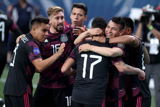 DENVER, CO - JUNE 06: Mexico forward Jesus Corona (17) celebrates with teammates after scoring a goal in action during the CONCACAF Nations League finals between Mexico and the United States on June 06, 2021, at Empower Field at Mile High in Denver, CO. (Photo by Robin Alam Icon Sportswire) SOCCER: JUN 06 Concacaf Nations League Final - Mexico v United States Icon164210606021