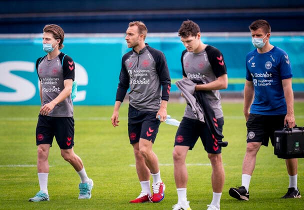 Christian Eriksen, Mathias Jensen og Andreas Christensen under landsholdstraening i Helsingoer, mandag den 7 juni 2021. , Copenhagen Denmark