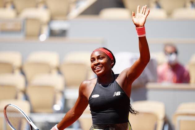 Mandatory Credit: Photo by Javier Garcia BPI Shutterstock (12019129cp) Coco Gauff celebrates French Open Tennis, Day Nine, Roland Garros, Paris, France - 07 Jun 2021 French Open Tennis, Day Nine, Roland Garros, Paris, France - 07 Jun 2021  Copyright: xJavierxGarcia BPI Shutterstockx 12019129cp