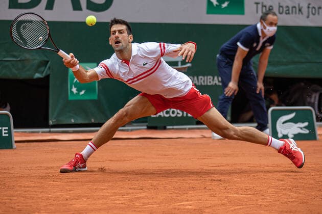 Novak DJOKOVIC of Serbia plays a ball during the men s single against Lorenzo MUSETTI of Italy on the fourth round of the French Open tennis tournament at Roland Garros in Paris, France, 7 June 2021.  Copyright: xAurelienxMorissardx