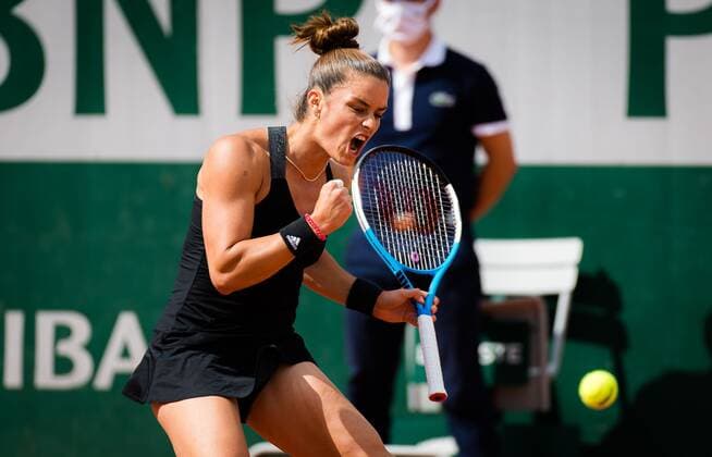 Mandatory Credit: Photo by Rob Prange Shutterstock (12019128bl) Maria Sakkari of Greece in action during her fourth round match at the 2021 Roland Garros Grand Slam Tournament French Open Tennis, Day Nine, Roland Garros, Paris, France - 07 Jun 2021 French Open Tennis, Day Nine, Roland Garros, Paris, France - 07 Jun 2021  Copyright: xRobxPrange Shutterstockx 12019128bl
