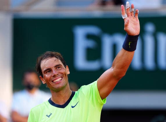 Mandatory Credit: Photo by Javier Garcia BPI Shutterstock (12019129km) Rafael Nadal celebrates winning his fourth round match French Open Tennis, Day Nine, Roland Garros, Paris, France - 07 Jun 2021 French Open Tennis, Day Nine, Roland Garros, Paris, France - 07 Jun 2021  Copyright: xJavierxGarcia BPI Shutterstockx 12019129km