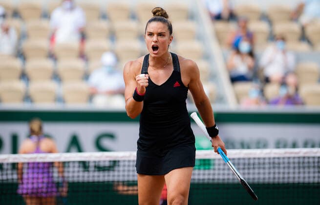 June 7, 2021, PARIS, FRANCE: Maria Sakkari of Greece in action during her fourth round match at the 2021 Roland Garros Grand Slam Tournament against Sofia Kenin of the United States PARIS FRANCE - ZUMAa181 20210607_zaa_a181_111 Copyright: xRobxPrangex