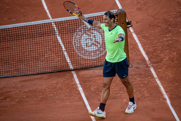 (210608) -- PARIS, June 8, 2021 -- Rafael Nadal of Spain celebrates after the men s singles fourth round match between Rafael Nadal of Spain and Jannik Sinner of Italy at the French Open tennis tournament at Roland Garros in Paris, France, June 7, 2021. (Photo by Xinhua) (SP)FRANCE-PARIS-TENNIS-ROLAND GARROS-FRENCH OPEN-DAY 9 AurelienxMorissard 