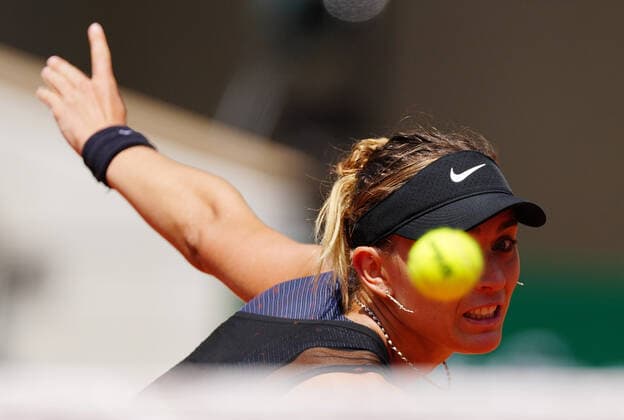 (210608) -- PARIS, June 8, 2021 -- Paula Badosa of Spain returns the ball during the women s singles quarterfinal match between Tamara Zidansek of Slovenia and Paula Badosa of Spain at the French Open tennis tournament at Roland Garros in Paris, France, June 8, 2021. ) (SP)FRANCE-PARIS-TENNIS-ROLAND GARROS-FRENCH OPEN-WOMEN S SINGLES GaoxJing 