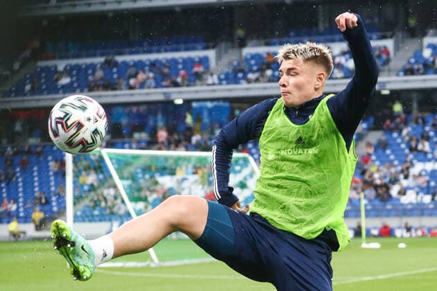 MOSCOW, RUSSIA - JUNE 8, 2021: Midfielder Andrei Mostovoy takes part in an open training session held by the Russian national football team at the VTB Arena - Dynamo Central Stadium ahead of the 2020 UEFA European Football Championship. Stanislav Krasilnikov TASS  TS104103
