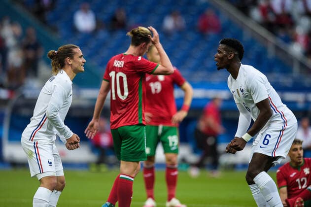Joie des joueurs de l equipe de France apres le but de Antoine Griezmann ( 7 - France ) - Paul Pogba ( 6 - France ) - FOOTBALL : France vs Bulgarie - Match Amical - Saint Denis - 08 06 2021 FedericoPestellini Panoramic 