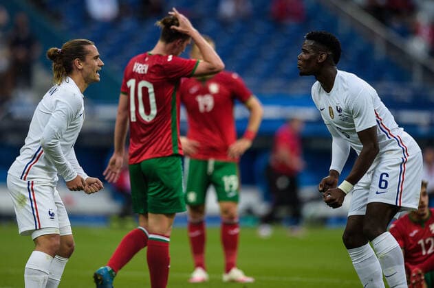 Joie des joueurs de l equipe de France apres le but de - Antoine Griezmann ( 7 - France ) - Paul Pogba ( 6 - France ) - FOOTBALL : France vs Bulgarie - Match Amical - Saint Denis - 08 06 2021 FedericoPestellini Panoramic 