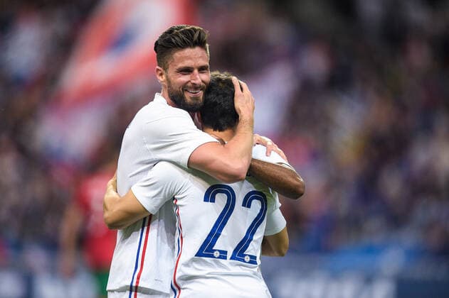 Joie des joueurs de l equipe de France apres le but de - Olivier Giroud ( 9 - France ) - Wissam Ben Yedder ( 22 - France ) - FOOTBALL : France vs Bulgarie - Match Amical - Saint Denis - 08 06 2021 FedericoPestellini Panoramic 