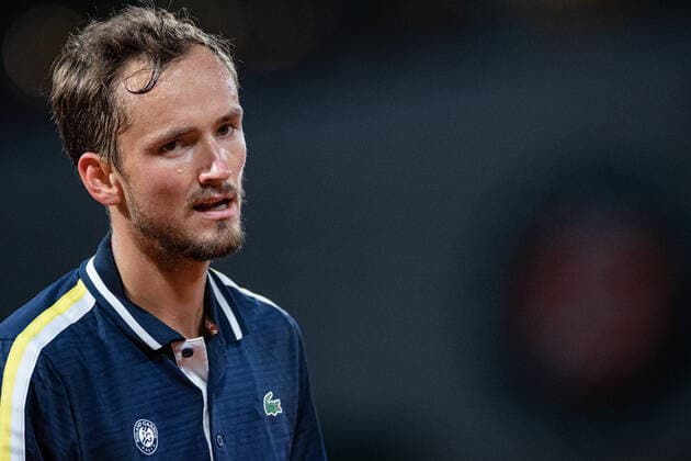 (210609) -- PARIS, June 9, 2021 -- Daniil Medvedev of Russia reacts during the men s singles quarterfinal match between Stefanos Tsitsipas of Greece and Daniil Medvedev of Russia at the French Open tennis tournament at Roland Garros in Paris, France, June 8, 2021. (Photo by Xinhua) (SP)FRANCE-PARIS-TENNIS-ROLAND GARROS-FRENCH OPEN-MEN S SINGLES-DAY 10 AurelienxMorissard 