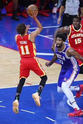 June 8, 2021, Philadelphia, PA, USA: The Atlanta Hawks Trae Young (11) converts a floater for two points against the Philadelphia 76ers Joel Embiid during the first half in Game 2 of the Eastern Conference semifinals at the Wells Fargo Center on Tuesday, June 8, 2021, in Philadelphia. Philadelphia USA - ZUMAm67_ 1003073175st Copyright: xCurtisxComptonx