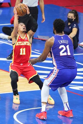 June 8, 2021, Philadelphia, PA, USA: The Atlanta Hawks Trae Young (11) works against the Philadelphia 76ers Joel Embiid (21) during the first half in Game 2 of the Eastern Conference semifinals at the Wells Fargo Center on Tuesday, June 8, 2021, in Philadelphia. Philadelphia USA - ZUMAm67_ 1003073176st Copyright: xCurtisxComptonx