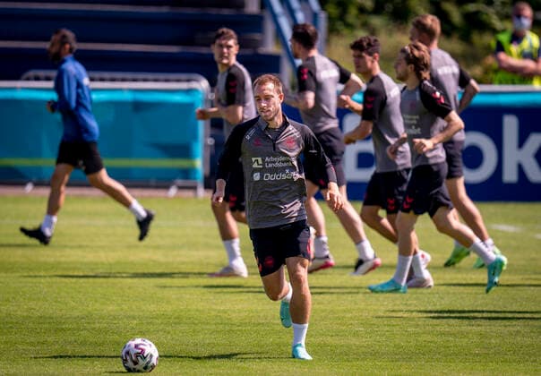 Christian Eriksen under fodboldlandsholdets mixed zone og traening i Helsingoer, onsdag den 9. juni 2021.. , Copenhagen Denmark